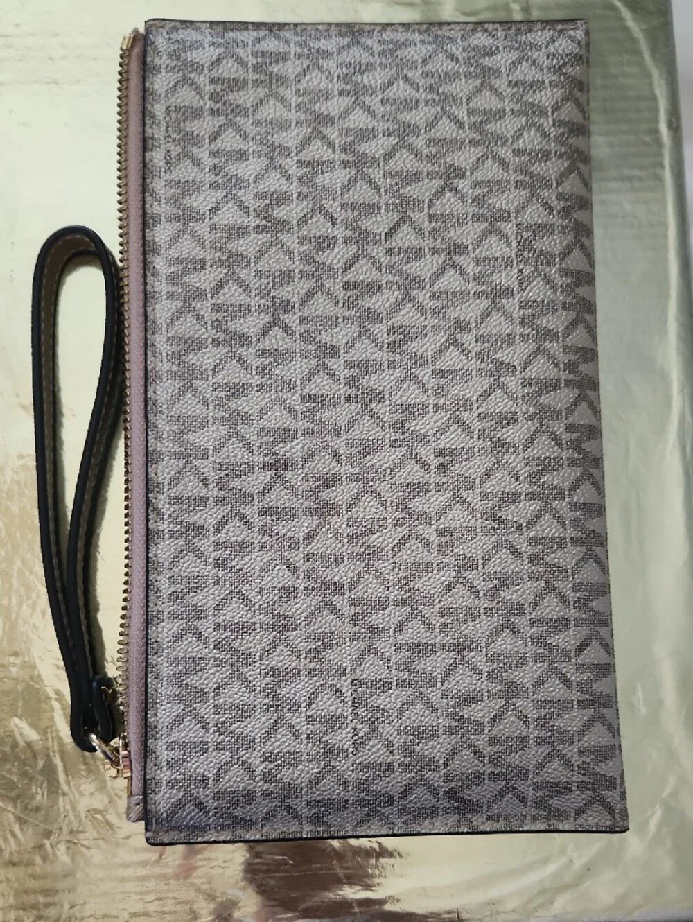 Michael Kors Gray Monogram Wristlet Clutch with Gold Accents